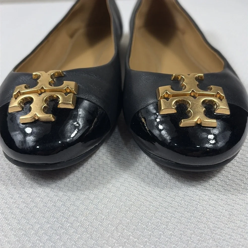 Tory Burch Laura‎ Ballet Gold Double T Logo.Size 6.5 Black Shoes